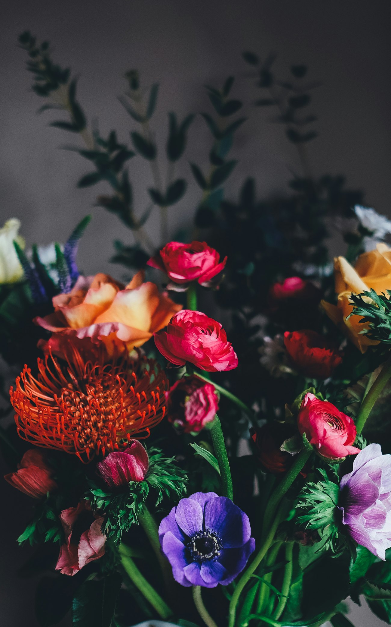 A dark, wild bouquet — ranunculus, anemones and one loud protea