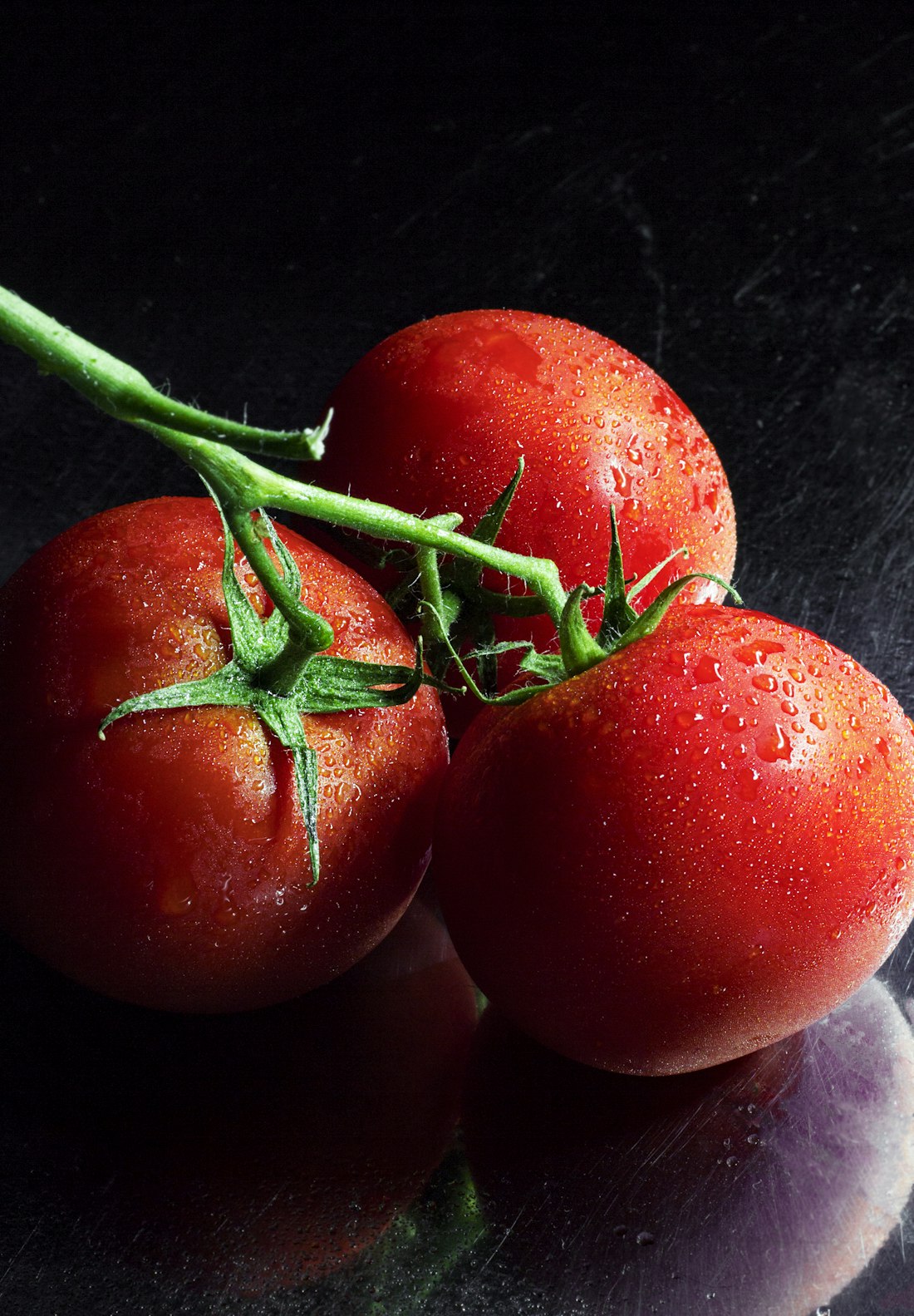 Vine tomatoes on black