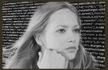 A portrait half-dissolved into source code